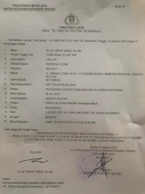 Surat Bukti Laporan Farhat Abbas