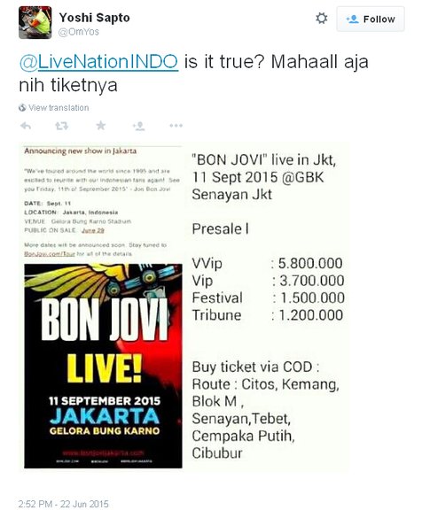 Gambar ini menyebutkan harga tiket konser Bon Jovi di Indonesia yang belum dijual pihak promotor ©Twitter