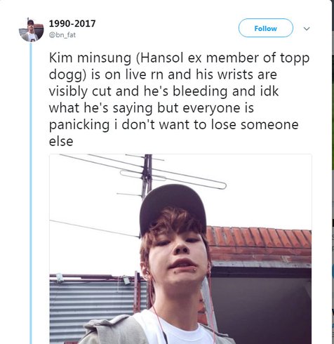 Fans khawatir mantan member Topp Dogg berusaha bunuh diri saat siaran online. © Twitter/bn_fat 