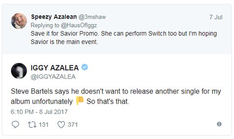 Iggy Azalea melontarkan rasa kecewa atas keputusan pihak labelnya di Twitter © SPIN.com/Twitter.com