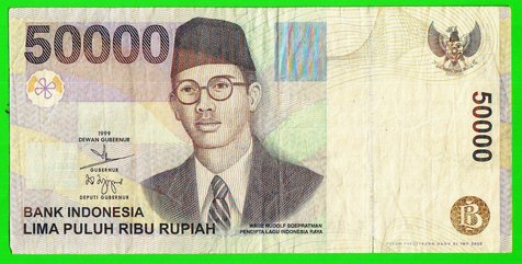 W.R Supratman diabadikan sebagai tokoh nasional dalam pecahan uang Rupiah.