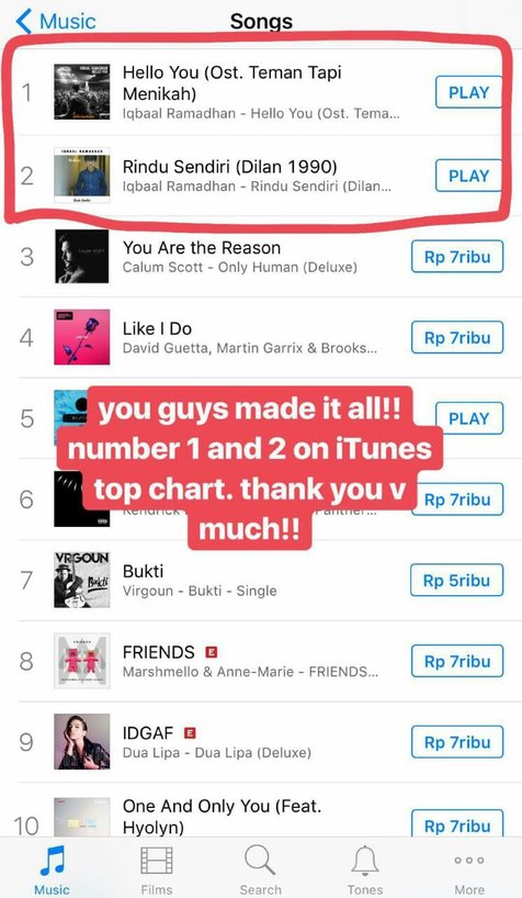 Iqbaal senang singlenya jadi nomor satu di iTunes ©instagram/iqbaal.e