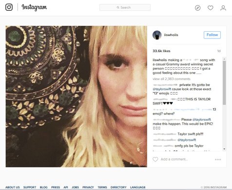 Dalam postingannya kali ini, banyak pihak yang meyakini kalau sosok yang dimaksud Kesha adalah Taylor Swift © instagram.com/iiswhoiis