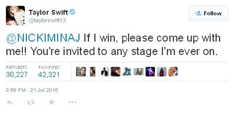 Taylor Swift berjanji mengundang Nicki Minaj ke atas panggung jika ia menang ©Twitter.com/taylorswift13