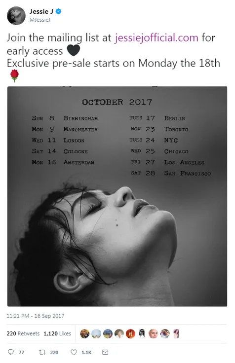 Melalui Twitter. Jessie J umumkan rangkaian tour di bulan Oktober mendatang