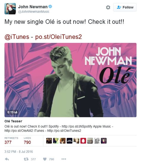 John Newman ungkap sedikit lagu baru Calvin Harris yang berjudul Ole © twitter.com/JohnNewmanMusic