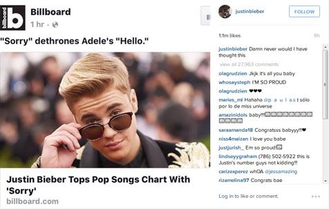 Justin Bieber kaget dapat mengalahkan single Adele © instagram.com/JustinBieber