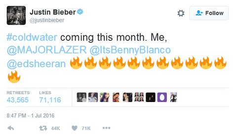 Siap-siap, Cold Water diperkirakan bakal rilis akhir bulan ini! © twitter.com/justinbieber