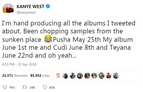 Kanye West siapkan jadwal rilisan yang padat di tahun 2018 ini © twitter.com/kanyewest