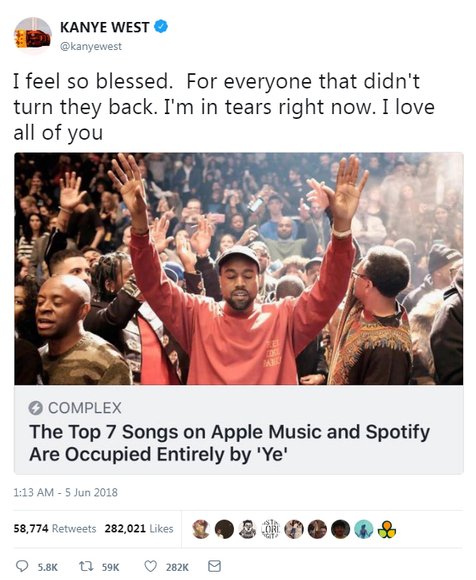 Album 'Ye' berhasil merajai puncak chart musik Appel dan Spotify Š twitter.com/kanyewest