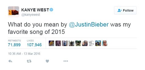 Kanye mengaku suka lagu Justin © twitter.com/kanyewest