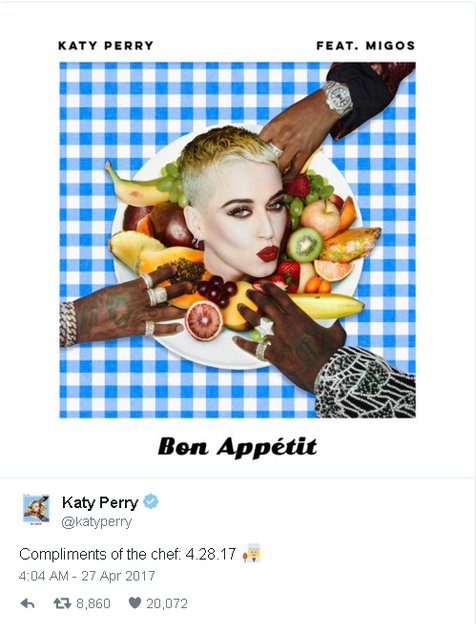 Resmi! Katy Perry siap merilis single terbarunya, 'Bon Appetit', pada hari Jum'at © twitter.com/katyperry