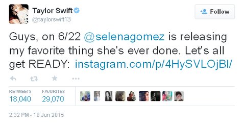 Single baru Selena Gomez jadi favorit Taylor Swift, seperti apa ya? ©Twitter.com/taylorswift13