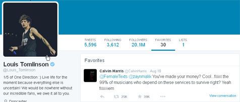 Kicauan Calvin Harris untuk Zayn Malik dijadikan favorite oleh Louis Tomlinson ©Twitter.com/LouisTomlinson