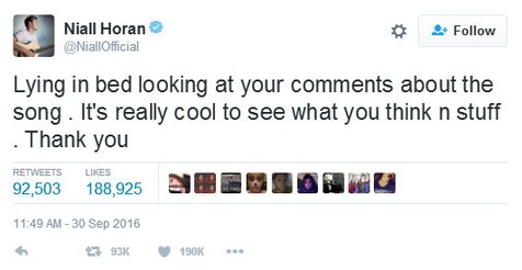 Setelah mengucapkan terima kasih atas komentar teman-temannya, mungkinkah cuitan Niall Horan ini tentang Zayn Malik yang bungkam di social media? © twitter.com/NiallOfficial