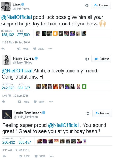 Para personel One Direction mengucapkan selamat pada Niall Horan yang baru saja merilis single debutnya © Twitter