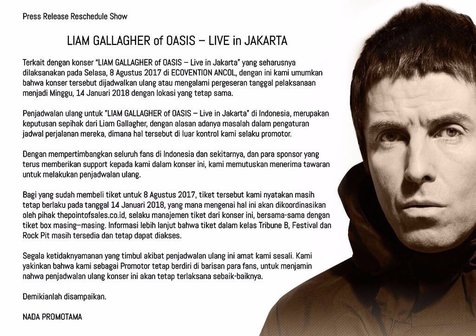 Lewat Twitter, Nada Promotama umumkan jika konser Liam Gallagher di Jakarta resmi diundur © twitter.com/NadaPromotama
