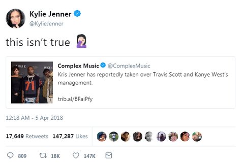 Kylie Jenner tepis kabar yang menyebut Kris Jenner jadi manajer Travis Scott dan Kanye West © twitter.com/KylieJenner