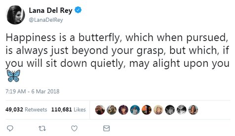 'Happiness is a Butterfly' sempat diungkap Lana Del Rey pada 5 Maret 2018 kemarin © twitter.com/LanaDelRey