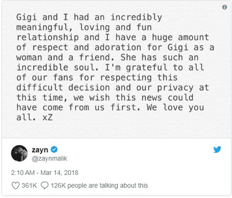 Pernyataan putus Zayn yang bikin baper banget. (Cr: Twitter Zayn Malik)