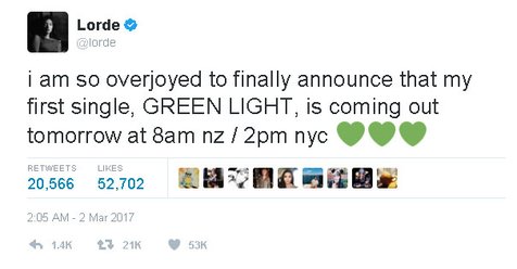 Lorde umumkan single barunya, 'Green Light' © twitter.com/lorde