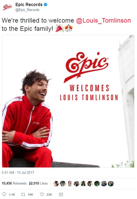 Louis Tomlinson resmi bergabung dengan salah satu label rekaman milik Sony, Epic Records © twitter.com/Epic_Records