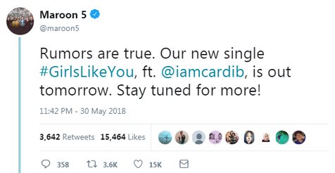 Maroon 5 konfirmasi kolaborasinya bersama Cardi B lewat single yang dirilis bersama music video © twitter.com/maroon5