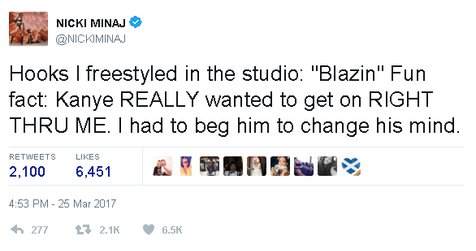 Nicki Minaj mengaku pernah tolak Kanye West untuk featuring di lagu 'Right Thru Me' © twitter.com/NICKIMINAJ