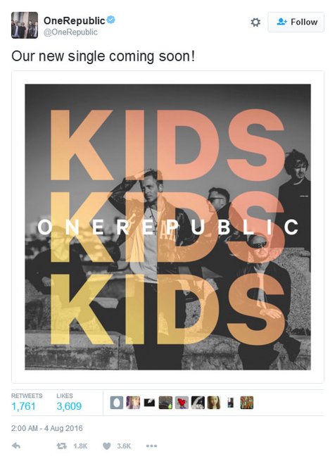 Setelah Wherever I Go, One Republic siap merilis single Kids sebelum album baru diretas © twitter.com/OneRepublic