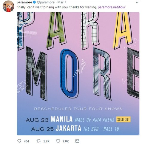 Jadwal konser Paramore di Jakarta. (twitter.com/paramore)