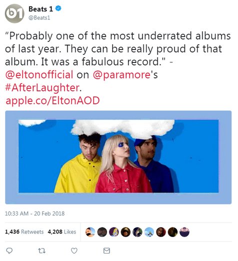 Elton John puji album 'After Laughter' Paramore saat tampil di Beats 1 Radio © twitter.com/Beats1