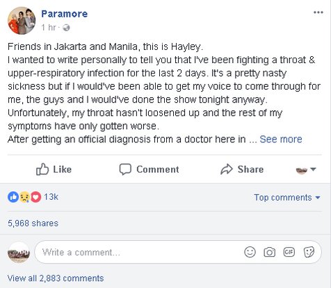 Konser paramore batal karena Hayley sedang sakit © Facebook.com/paramore