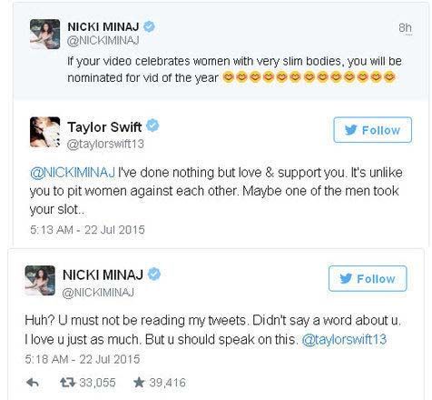 Jelang acara MTV Video Music Awards, Nicki Minaj saling sindir dengan Taylor Swift ©Twitter