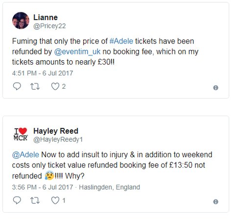 Pihak Eventim hanya mengembalikan biaya tiket, tidak untuk booking fees © BBC UK/Twitter.com