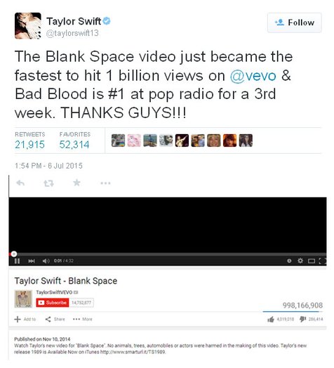 Taylor Swift bersama klip Blank Space berhasil mencetak rekor baru! ©Twitter/YouTube