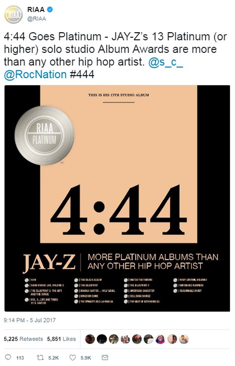 Kurang dari seminggu sejak dirilis, album '4:44' Jay Z berhasil meraih platinum! © twitter.com/RIAA