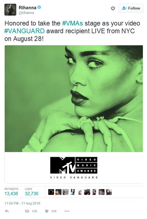 Selamat! Rihanna sukses dinyatakan sebagai peraih penghargaan tertinggi di ajang penganugerahan MTV VMA © twitter.com/rihanna