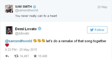 Sam Smith - Demi Lovato Twitter @foto: twitter/samsmithworld-ddlovato