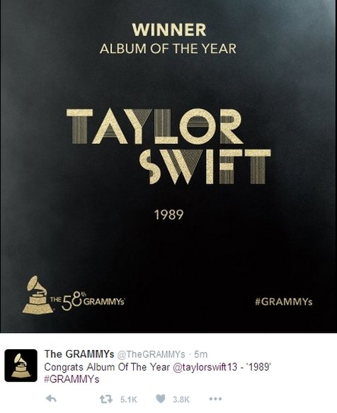Congrats Taylor Swift! ©twitter/thegrammys