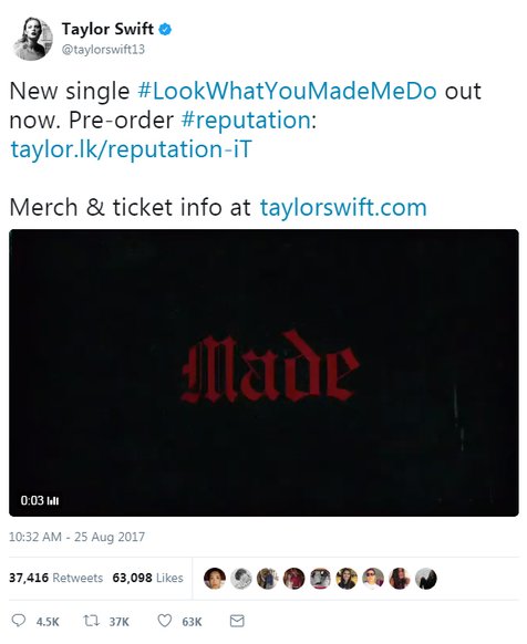 Tepati janji, Taylor Swift rilis single baru pertamanya yang berjudul 'Look What You Made Me Do' © twitter.com/taylorswift13