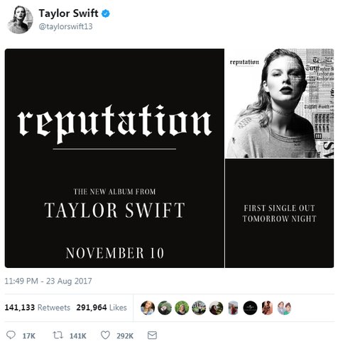 Melalui Twitter, Taylor Swift resmi umumkan judul dari album terbarunya, 'REPUTATION' © twitter.com/taylorswift13