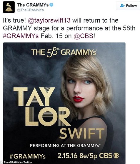 Taylor bakal jadi opening act di ajang Grammy Awards © twitter.com/TheGRAMMYs