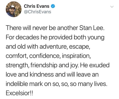 Unggahan Chris Evans di Instagram atas kematian Stan Lee. (https://twitter.com/chrisevans. Diambil 13 November, pukul 11.45 WIB)