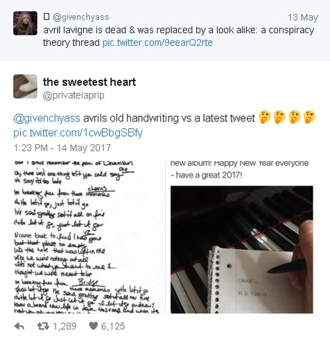 Fans kembali membahas berbagai bukti mulai dari raut wajah, sampai tulisan tangan Avril Lavigne © twitter.com/privatelaprip