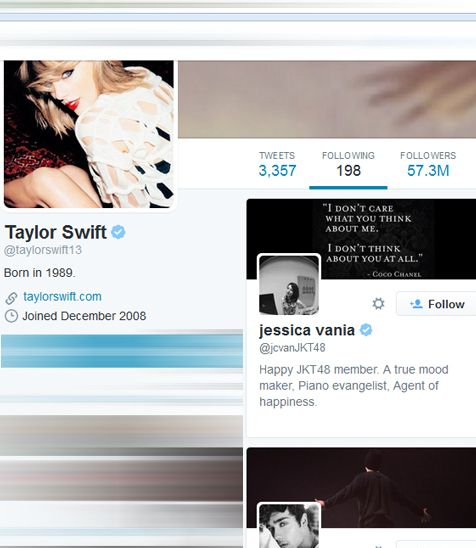 Twitter Jessica Vania JKT48 diikuti oleh si cantik Taylor Swift @twitter.com/taylorswift13