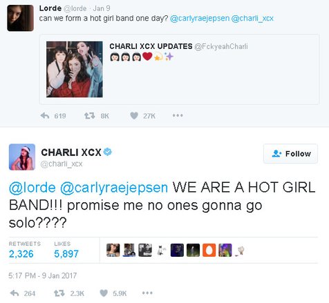 Lorde mengajak Charli XCX dan Carly Rae Jepsen untuk membentuk girl band © twitter.com/charli_xcx