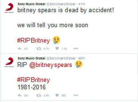 Kabar hoax kematian Britney Spears yang dipublish oleh Sony Music Global © Twitter.com/SonyMusicGlobal