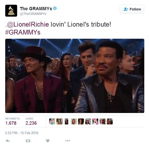 Lionel nikmati tribute lima musisi muda yang bawakan hitsnya/©twitter.com/thegrammys