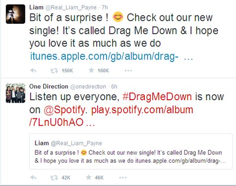 Kicauan Liam Payne dan akun resmi One Direction dalam twitter tentang single terbaru, Drag Me Down ©Twitter.com