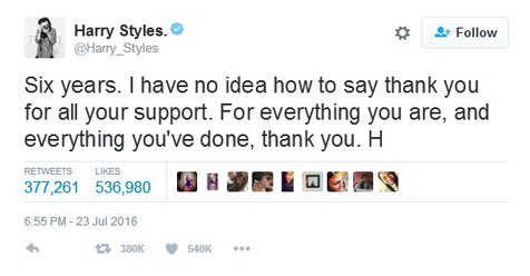 Harry Styles dan para personel One Direction ungkap rasa terima kasih mereka pada para Directioners di seluruh dunia © twitter.com/Harry_Styles